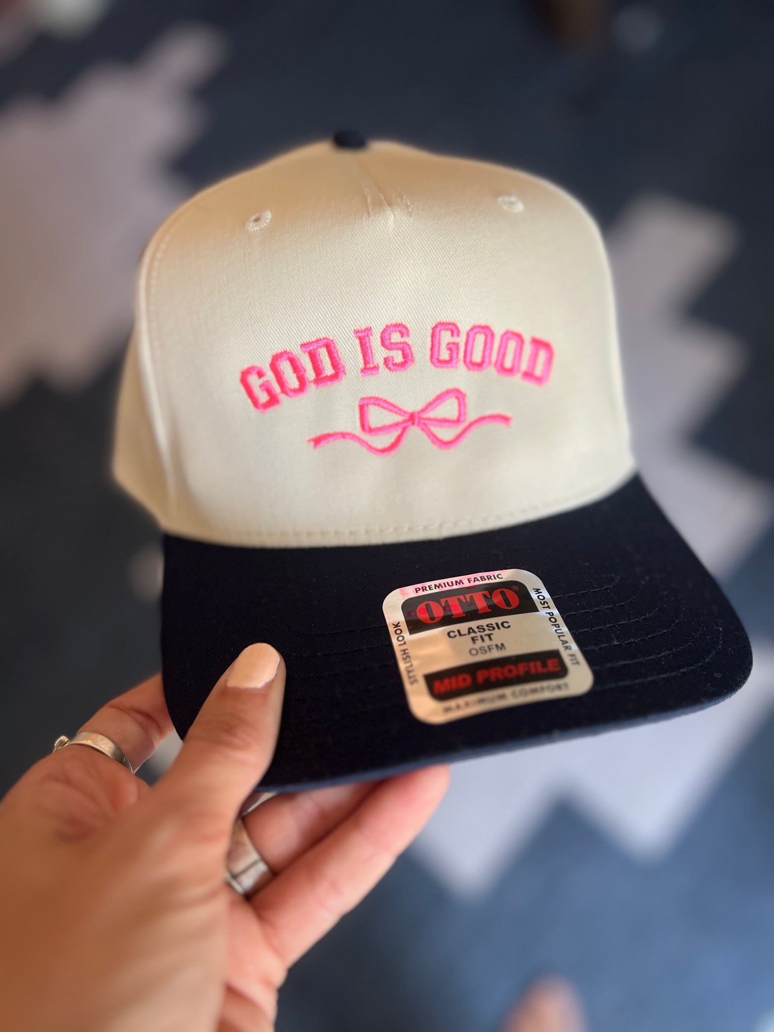 God is good navy/tan trucker with neon pink thread
